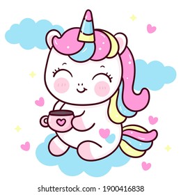 Cute Unicorn vector holding coffee cup sweet dessert pastel color pony cartoon Kawaii Character illustrations isolated on white. Kid food dessert bakery product fabulous fashion child décor cafe shop.