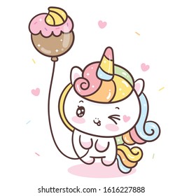 Cute Unicorn vector holding donut balloon (Kawaii animal) girly doodles Child little horse character Illustration sweet pastel color, Fairytales magic. Nursery baby decor, hand drawn. Perfect for kid.