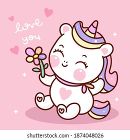 Cute Unicorn vector holding  flower pony cartoon pastel background Valentine day festivel: Series fairy tale characters kawaii animals horse (flat Girly doodles). Perfect Nursery children, kids card.