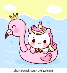 Cute Unicorn vector holding flower with flamingo rubber in sea pony summer cartoon kawaii animals background: Series fairy tale characters horse (flat Girly doodles). Perfect Nursery children, kids.