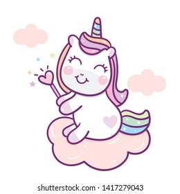 Cute Unicorn vector holding heart wand Kawaii pony cartoon, Nursery decoration, hand drawn isolated on a white background: Illustration of fairytale horse- Perfect for kid's greeting card design.
