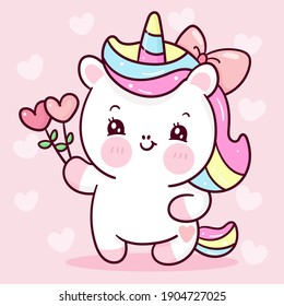 Cute Unicorn vector holding  heart flower pony cartoon kawaii animals pastel background  Valentines day gift: Series fairy tale characters horse (flat Girly doodles). Perfect Nursery children, kids.