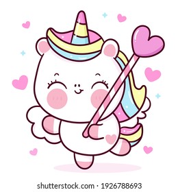 Cute Unicorn vector holding heart candy pony cartoon pastel background Valentines day: Series fairy tale characters kawaii animals horse (flat Girly doodles). Perfect Nursery children, kids, greeting.