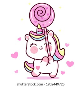 Cute Unicorn vector holding love candy pony cartoon pastel background Valentines day: Series fairy tale characters kawaii animals horse (flat Girly doodles). Perfect Nursery children, kids, greeting.