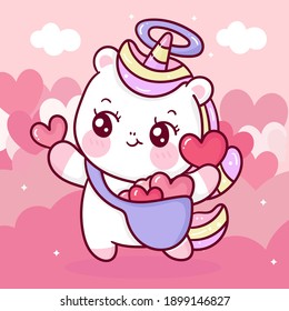 Cute Unicorn vector holiding sweet heart pony cartoon pastel background Valentines day: Series fairy tale characters kawaii animals horse (flat Girly doodles). Perfect Nursery children,kids, greeting.