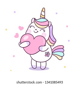 Cute Unicorn vector hug mini heart Kawaii pony cartoon, hand drawn isolated on a white background (Pastel pattern): series Illustration of cute fairytale pony- Perfect for kid's greeting card design.