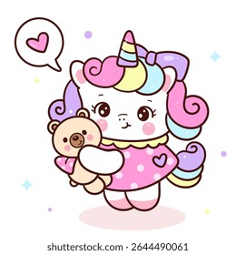 Cute Unicorn vector hug Teddy bear love cartoon. Series: Sweet dream Bed time. Kawaii animals Whimsical Character. Pastel color Perfect for Kid nursery, T shirt design and flat clipart.