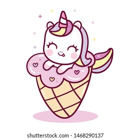 Cute Unicorn vector ice cream Happy birthday, Yummy food, dessert, Kawaii animal pony cartoon, Nursery decoration, hand drawn isolated on a white background:Fairytale horse- Perfect for kid's greeting