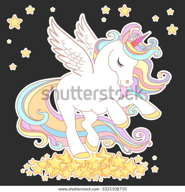 子ども向けのかわいい一角獣のベクターイラスト 金髪 白い翼 虹の上に浮かぶかわいい空想動物 のベクター画像素材 ロイヤリティフリー