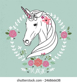 Cute unicorn vector illustration. Flowers wreath.