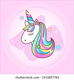 Cute unicorn vector illustration.  Hand-drawn colorful unicorn is good for greeting card, invitation, flyer, logo, banner template, print on t-shirt, book. Cartoon, kawaii style.
