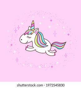 Cute unicorn vector illustration.  Hand-drawn colorful unicorn is good for greeting card, invitation, flyer, logo, banner template, print on t-shirt, book. Cartoon, kawaii style