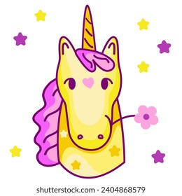 Cute unicorn vector illustration head with mane and horn.