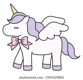 Cute unicorn vector illustration. Horse, animal, ribbon, dreamy, wings, pegasus, line