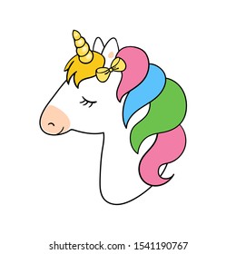 Cute unicorn vector illustration. Unicorn vector icon isolated on white. Head portrait horse sticker, patch badge. Magic cartoon fantasy cute animal. Rainbow hair. Dream symbol. Design for children