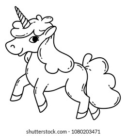 Cute unicorn. Vector illustration isolated on white background. Coloring for children. Card and shirt design.