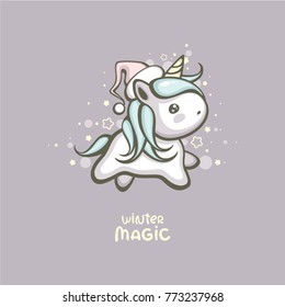 Cute unicorn vector illustration. Magic winter cartoon character. Dream symbol. Greeting card and logo design.