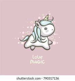 Cute unicorn vector illustration. Magic love logo. Dream symbol cartoon character. Template for Valentine's day greeting card and wedding invitation.
