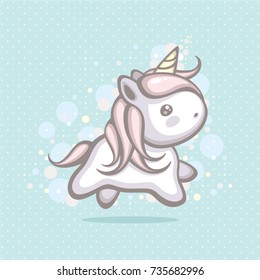 Cute unicorn vector illustration on turquoise background. Magic cartoon. Dream symbol. Post card and logo design.
