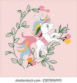 cute unicorn vector illustration with plant