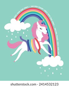 Cute unicorn vector illustration.Beautiful unicorn vector.Clouds and rainbow.Print for t-shirt or sticker. Romantic hand drawing illustration for children.Baby shower card.Children books,Greeting card