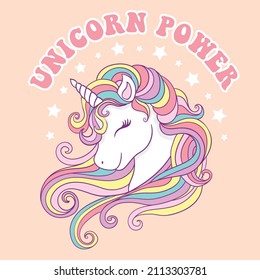 Cute unicorn vector illustration.Greeting card, poster, print, t-shirt design for kids,party concept, children books, prints,wallpapers. Unicorn power slogan.Animal pattern.