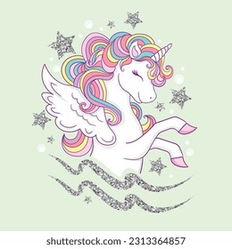Cute unicorn vector illustration.Greeting card, poster, print, t-shirt design for kids,party concept, children books, prints,wallpapers. Unicorn power slogan.Animal pattern.Kids background.
