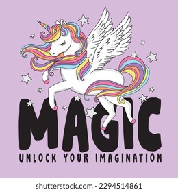 Cute unicorn vector illustration.Pony poster print.Cute t-shirt graphics for kids.Unicorn magic slogan.Rainbow hair.Graphic design for baby shower and birthday.Animal pattern.