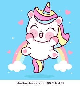 Cute Unicorn vector jump in air with rainbow pony cartoon pastel background: Series fairy tale characters kawaii animals horse (flat Girly doodles). Perfect Nursery children, kids, greeting card,baby.