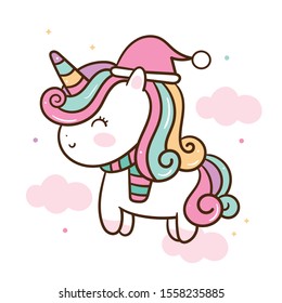 Cute unicorn vector Kawaii animal Christmas character cartoon wear santa hat: Happy New year festival snow season: Perfect kid greeting card, poster. Romantic hand drawing or decoration room.