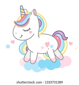 Cute Unicorn vector Kawaii pony cartoon on clouds (Pastel background): series Illustration of cute fairytale pony- Perfect for kid's greeting card design and Print for t-shirt. Romantic hand drawing.