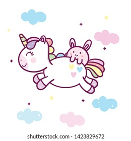 Cute Unicorn vector Kawaii pony character and bunny rabbit cartoon jump on clouds, Nursery decoration: series Illustration of fairytale in Flat style design- Perfect for kid's greeting card design 