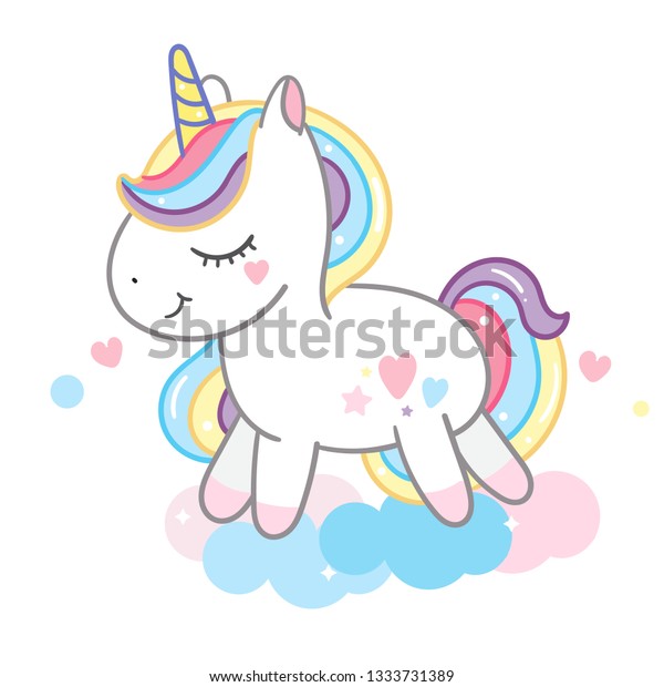 Cute Unicorn Vector Kawaii Pony Cartoon On Clouds Pastel Background
