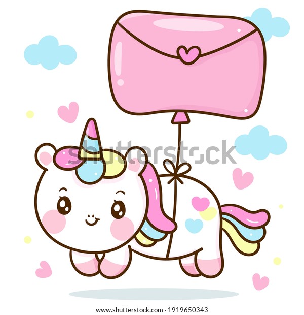 Cute Unicorn Vector With Letter Balloon On Sky With Heart Pony Cartoon