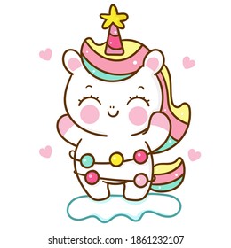 Cute Unicorn vector with light christmas pony cartoon x mas festival happy new year: Series fairy tale characters kawaii animals horse (flat Girly doodles). Perfect Nursery children, kids, greeting.