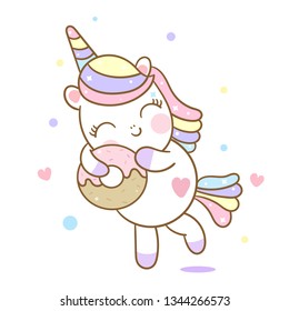 Cute Unicorn vector love Donut cartoon Pastel color white background, Kawaii pony cartoon, hand drawn isolated: Illustration of cute fairytale pony- Perfect for kid's greeting card design and Print.