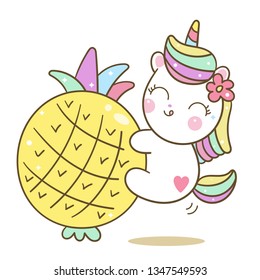 Cute Unicorn vector love Summer  Pineapple cartoon Pastel color white background, Kawaii pony cartoon, hand drawn isolated: Illustration of cute fairytale pony- Perfect for kid's greeting card design.
