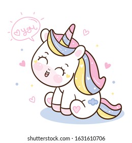 Cute Unicorn vector love you word Kawaii pony cartoon, hand drawn isolated on a white background Pastel color: Illustration of fairytale animal- Perfect for kid greeting card design and Print shirt.