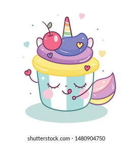 Cute Unicorn vector in magic cupcake cartoon pastel color, Muffin isolated on white background, Yummy dessert bakery, Birthday party, Kawaii animal pony, Doodle Nursery decor, hand drawn fairytale.