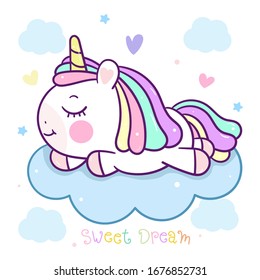 Cute Unicorn vector with magic sleeping time for sweet dream, Kawaii character style. Doodle pony child cartoon on pastel cloud. Perfect for kids greeting card design, t-shirt print, inspiration.