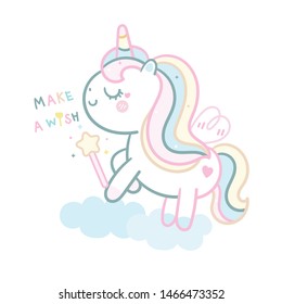 Cute Unicorn vector with magic wand and cloud, pony cartoon Pastel color, Kawaii Animal, Nursery decoration, doodle hand drawn on white background for kid's greeting card, gift, Print for t-shirt.