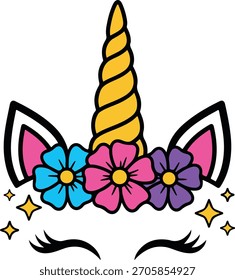 Vetor de unicórnio bonito, rosto de unicórnio mágico com flores e faíscas