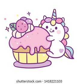 Cute Unicorn vector muffin cake Happy birthday Kawaii pony cartoon, Nursery decoration, hand drawn isolated on a white background: Illustration of fairytale horse- Perfect for kid's greeting card.