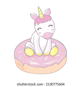 Cute Unicorn vector on donut muffin and tea time sweet dessert pastel color, Kawaii illustration isolated on white. Kid food bakery product fabulous fashion child décor cafe shop, Invitation.