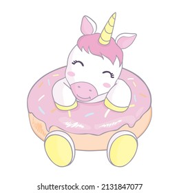 Cute Unicorn vector on donut muffin and tea time sweet dessert pastel color, Kawaii illustration isolated on white. Kid food bakery product fabulous fashion child d?cor cafe shop, Invitation.