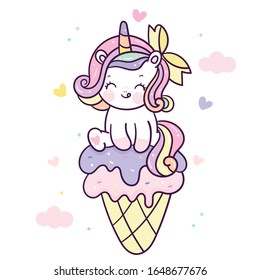 Cute Unicorn vector on ice cream cone sweet dessert pastel color (Kawaii Cartoon) illustrations isolated on white. Kid food dessert bakery product fabulous fashion child décor cafe shop, Invitation.