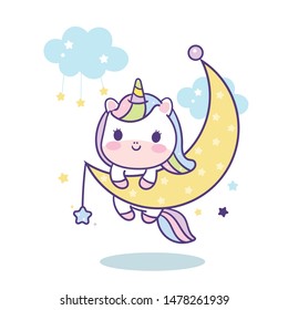 Cute Unicorn vector on moon, magic sleeping time for sweet dream pastel color, pony cartoon Kawaii animal with star, Nursery decoration: Illustration of fairytale horse in Flat style design.