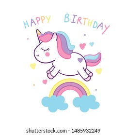 Cute Unicorn vector on rainbow, Happy birthday party, Kawaii animal pony cartoon, Doodle Nursery decor: Illustration of fairytale horse- Perfect for kid greeting card and Print for t-shirt. Hand drawn