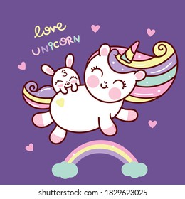 Cute Unicorn vector on rainbow with rabbit fairy tale characters pony express: Series fairy tale characters kawaii animals horse (flat Girly doodles). Perfect Nursery children, kids, greeting card.