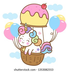 Cute Unicorn vector on the sky with ice cream balloon cartoon, hand drawn isolated on a white background (Pastel pattern): Cute fairytale pony Happy Birthday Party- Perfect for kid's greeting card.